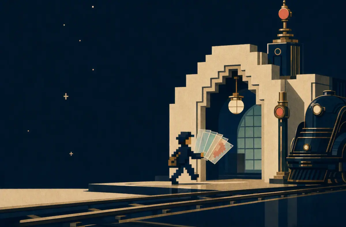 A pixel courier carrying animation cels through an art-deco night depot